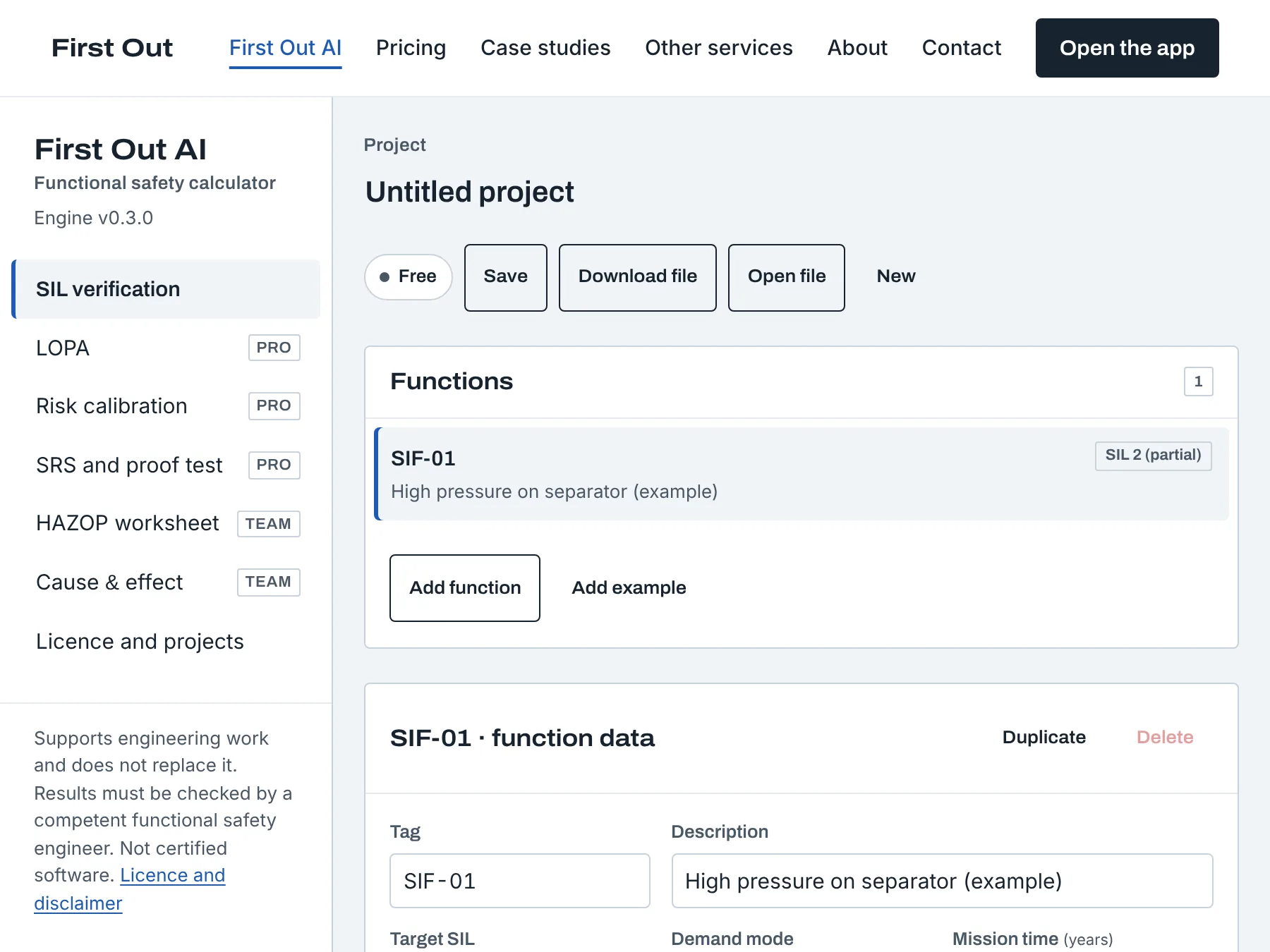 First Out AI with the example function open: the function list on the left, function data and a reliability block diagram of the three subsystems on the right
