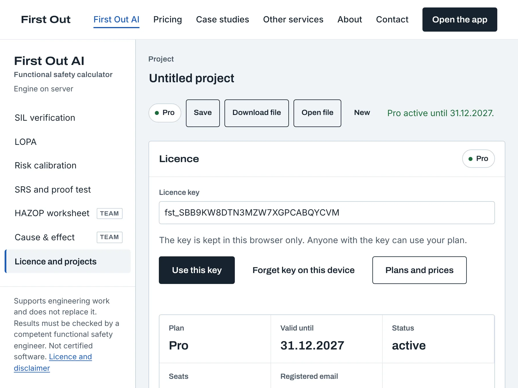 First Out AI licence tab on the Pro plan showing the plan details, validity and the panels for saved projects and questions