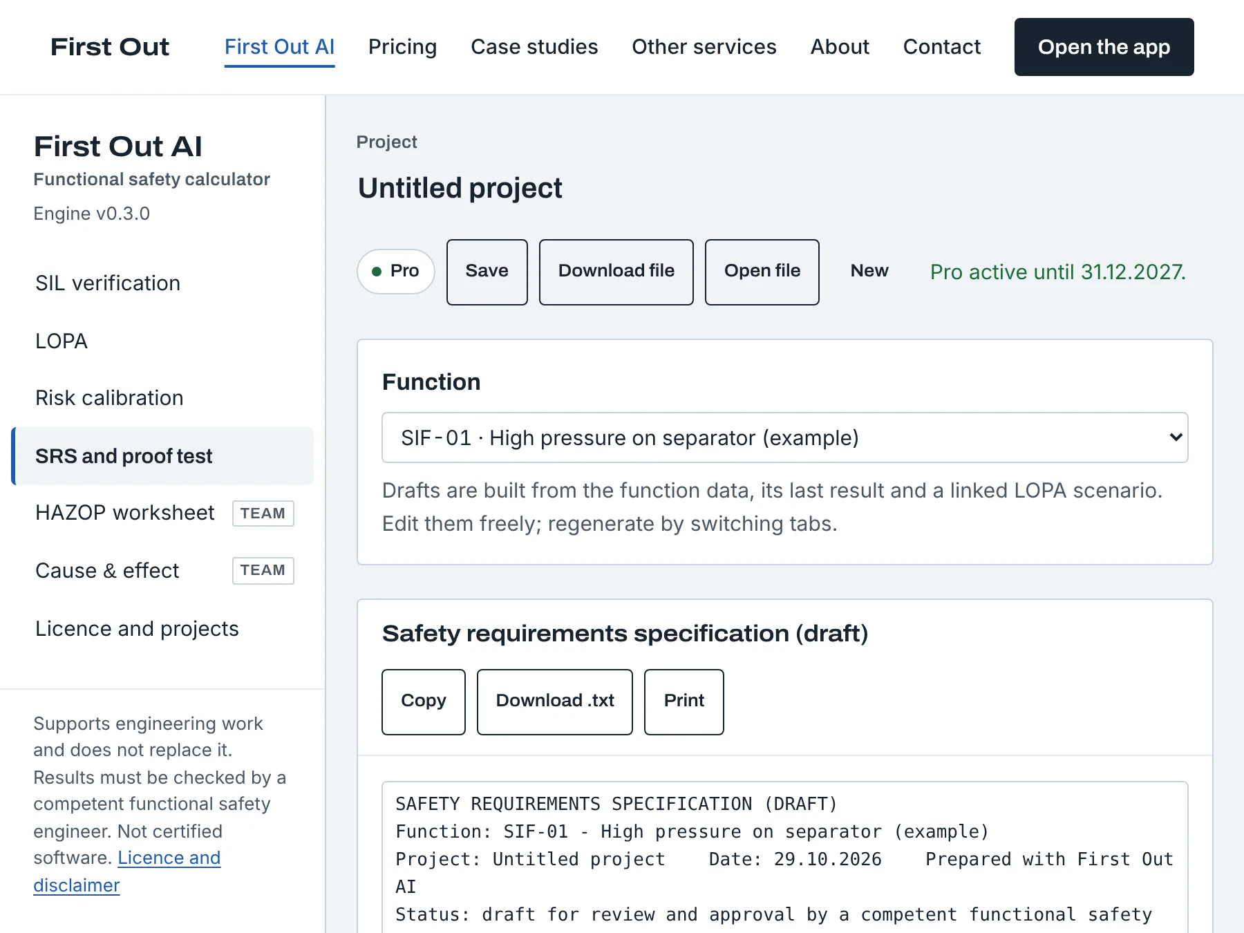 First Out AI documents tab with the safety requirements specification draft for the example function
